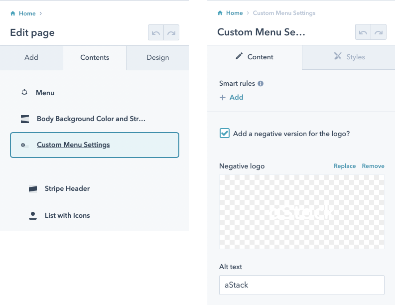 astack custom menu settings